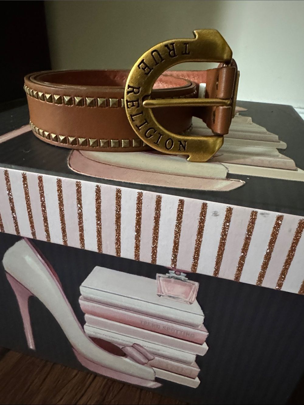 True Religion Tan Leather Studded Belt with Brass Logo Buckle